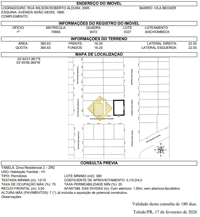 LOTE ESQUINA 365 M2 AVENIDA ADAO GEISS VILA BECKER LOTEAMENTO IASCHOMBECK PROXIMO PUC E UTFPR TOLEDO PR