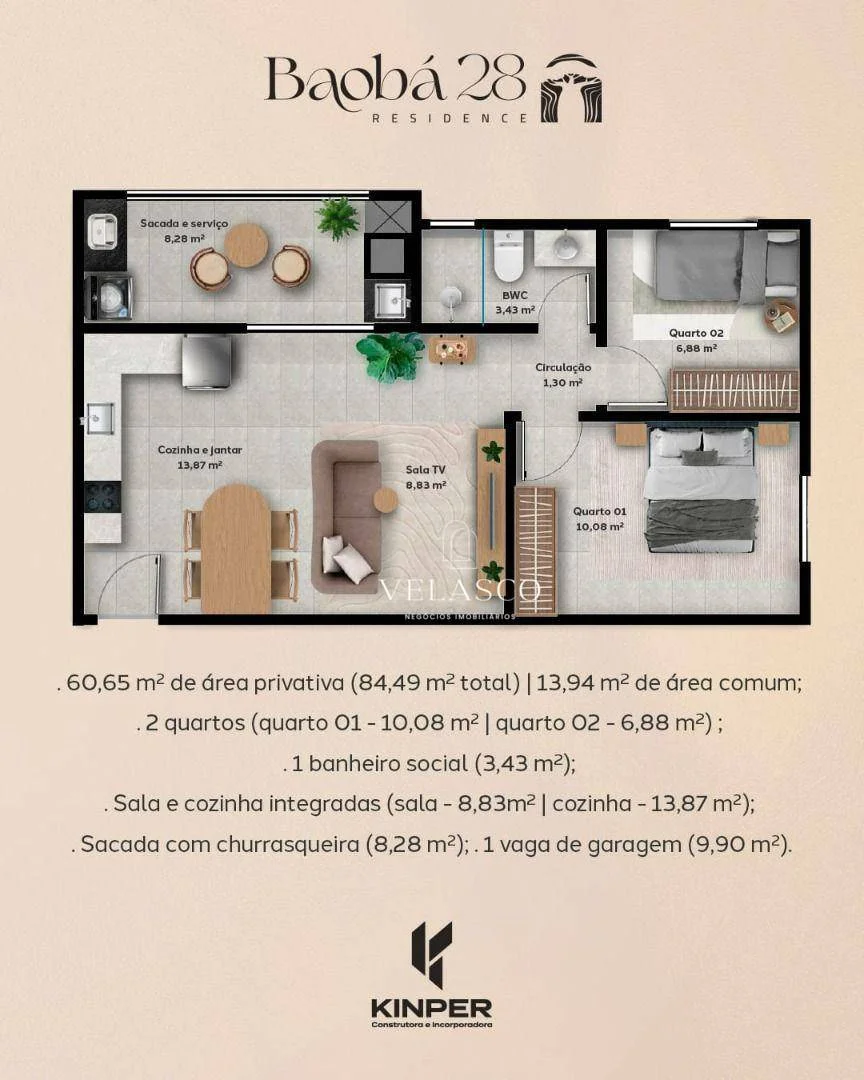 Apartamento com 2 dormitórios à venda, 68 m² por R$ 466.586 - Alto Alegre - Cascavel/PR